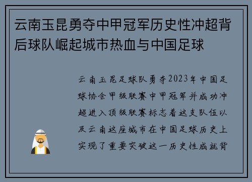 云南玉昆勇夺中甲冠军历史性冲超背后球队崛起城市热血与中国足球 云南玉昆勇夺中甲冠军历史性冲超背后球队崛起城市热血与中国足球